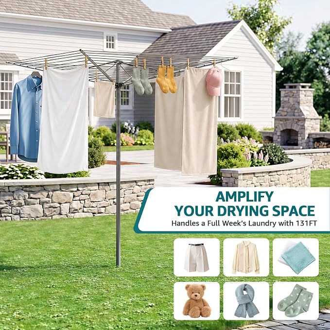 131FT Outdoor Umbrella Clothes Drying Rack | 131FT Metal Drying Rack Clothing, 4-Arm 360°Rotary, Collapsible Clothesline for Lawn Garden Backyard, 67.52" Height