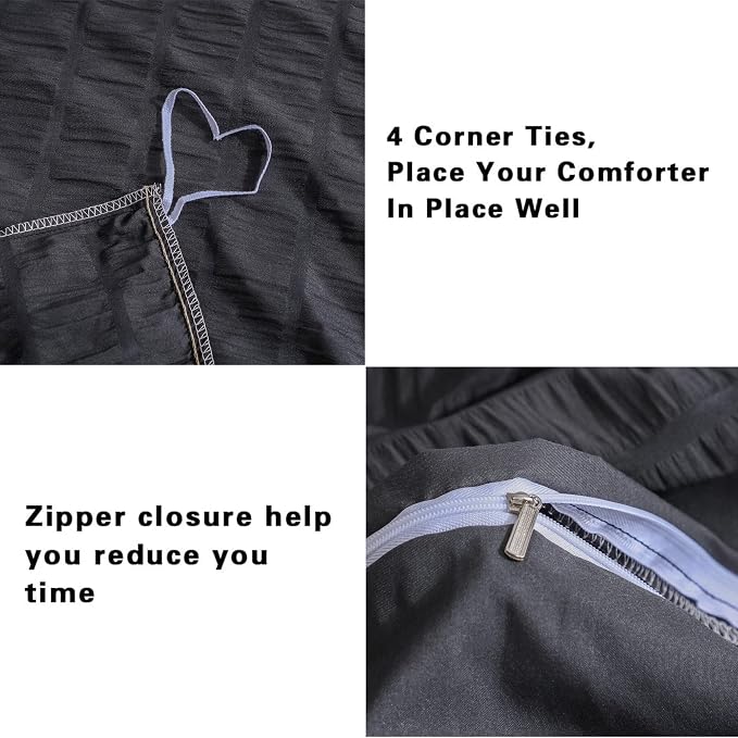 AveLom Seersucker Duvet Cover Set King Size (104 x 90 inches), 3 Pieces (1 Duvet Cover + 2 Pillow Cases), Black Ultra Soft Washed Microfiber, Textured Duvet Cover with Zipper Closure, Corner Ties