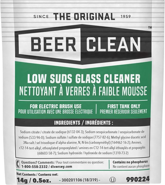 BEER CLEAN Diversey 990224 Low Suds Glass Cleaner for Electric Brushing, Portion Control Bar Glass Washing Powder, Unscented, Packet, 0.5-Ounce (Pack of 100)