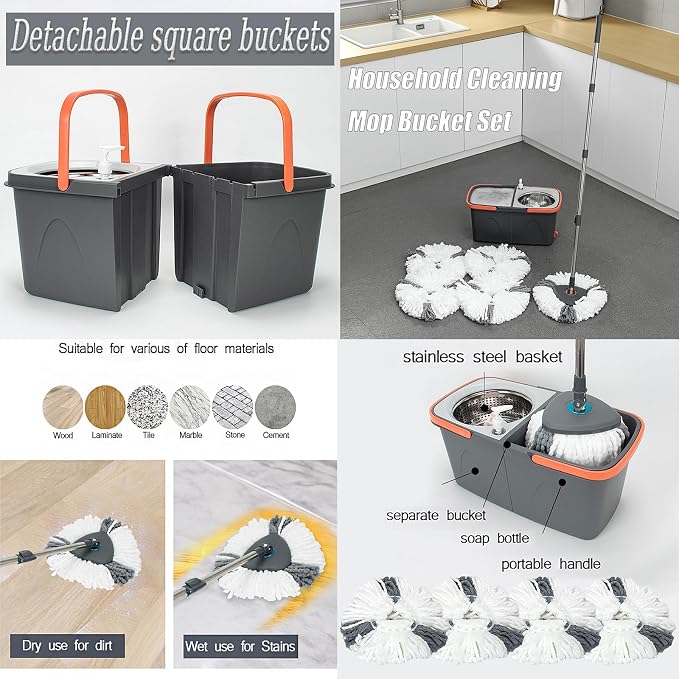 Spin Mop and Detachable Bucket Set with 5 Reusable Microfiber mop Head Dual-Chamber Water System Spining Mop Floor Cleaning Kit for Hardwood Tile Laminate Floors (Gray)