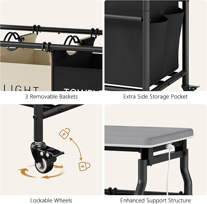 Hoctieon 3 Section Laundry Sorter with Iorning Board, Hamper with Wheels | Black+Gray+Beige,Lockable Wheels, Laundry Basket Organizer, Heavy Duty Clothes Separator, Removable Bags,Rolling Laundry Cart