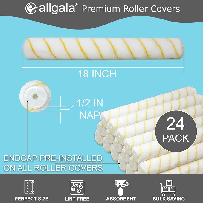 Allgala 18 Inch Paint Roller Covers Shedless Lint Free 24 Bulk Pack 1/2 inch Nap Paint Roller Cover Sleeves with End Caps -Model TH10324