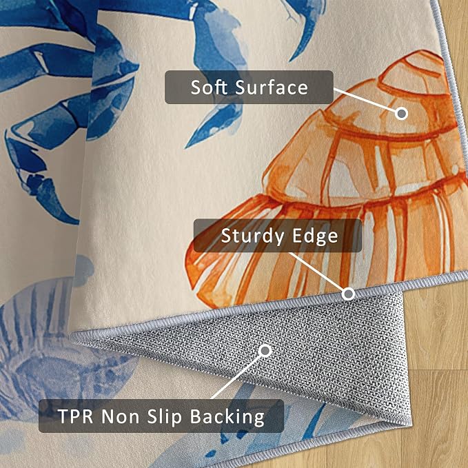 3x12 Nautical Runner Rug for Hallway, Washable Coastal Crab Rug Runner Non Slip, Seashell Ocean Home Decor Carpet for Kitchen, Bedroom, Entryway, Laundry Room, Ultra Thin Soft H196