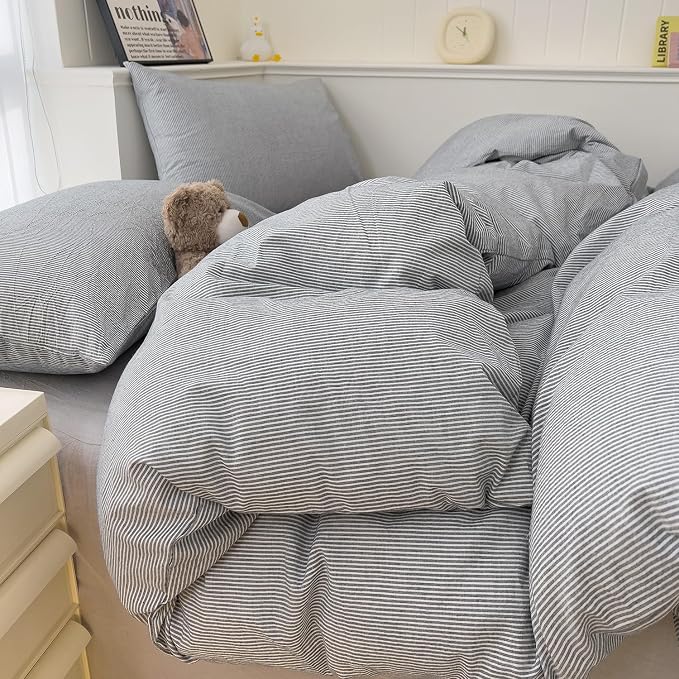 mixinni Grey Striped Duvet Cover Queen Size - 100% Washed Cotton Pinstripe Comforter Cover with Zipper Closure, Lightweight & Breathable, 3 Pieces Minimalist Stripes Pattern Printed Bedding Set