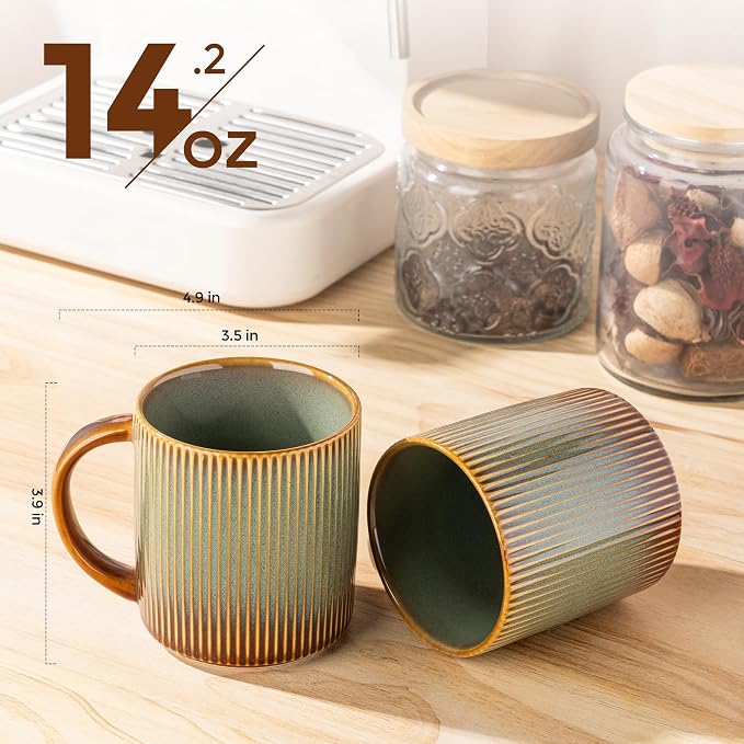 theterra Ceramic Coffee Mugs Set of 6, 14.2oz Handmade Coffee Cups with Handle for Latte, Tea, Milk, Beer, Hot Cocoa, Sage Umber