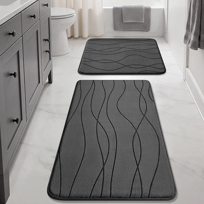 YIHOUSE Bathroom Rugs Set 2 Piece, Memory Foam Bath Mat Dark Grey | 17x24& 20x32, Ultra Soft, Absorbent, Non-Slip, Machine Washable, for Bathroom, Sink and Toilet