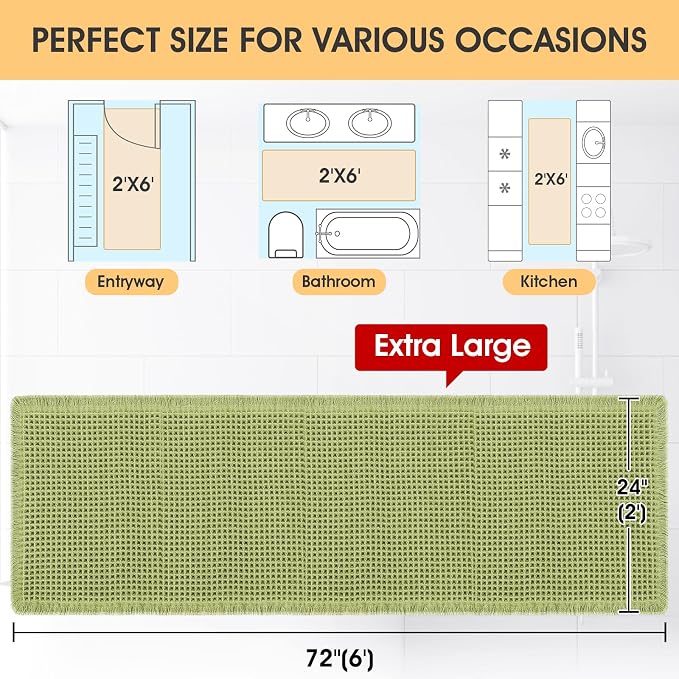Extra Large Waffle Bath Mat Sage Green 6'x2'(72" x 24"), Boho Woven Modern Bath Mat Rugs, Absorbent Non Slip Bathroom Rugs, Soft Washable Bath Rugs with Tassels for Bathroom, Bedroom, Kitchen, Shower
