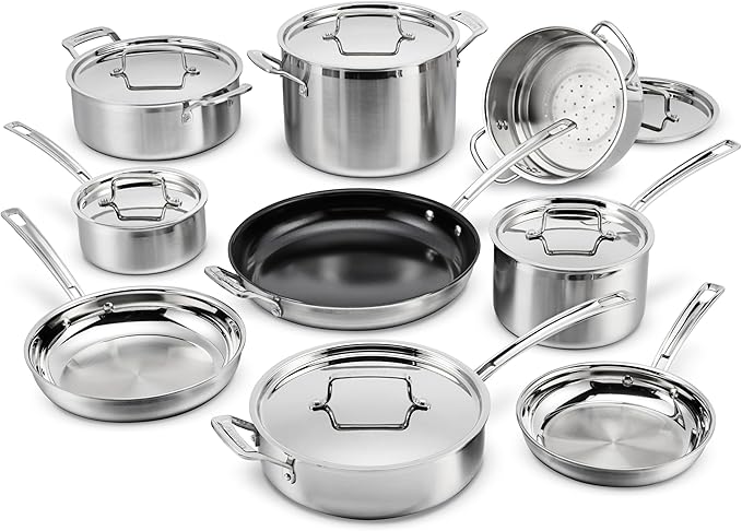 Cuisinart 15-Piece Cookware Set, MultiClad Pro Triple-Ply Stainless Steel Cookware Set, Heat Surround Technology, Cool Grip Stick Handles, Oven Safe up to 500F, MCPS-15N, Silver
