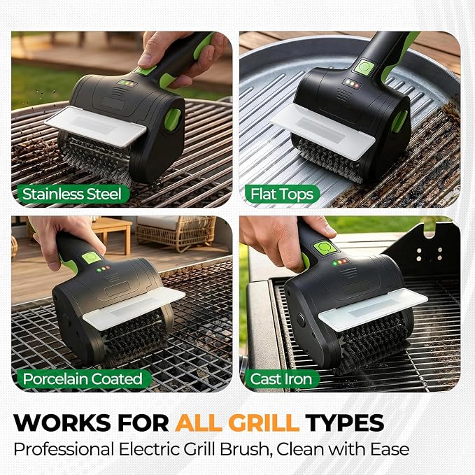 Auto Dynasty Cordless Electric Grill Brush, 304 Stainless Steel BBQ Brush with Rotating Scrub Head, Rechargeable, Type-C Fast Charging for Gas/Charcoal/Outdoor Grill, Green/Black