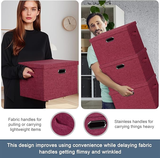 Graciadeco Large 17" 36 Quart Collapsible Stackable Storage Bins with Lids, 3 Packs Bright Red Linen Fabric Closet Boxes with Lids, Storage Cube Baskets Container Organizers for Office (17x12x11)