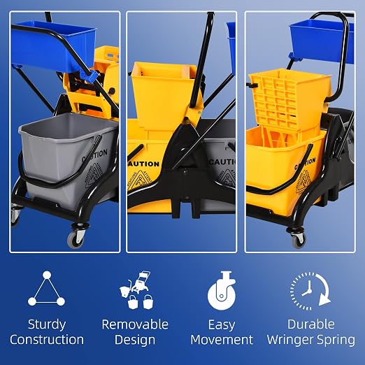 HOMCOM Mop Water Bucket Wringer Cart, Double Mop Bucket, 2 x 6.9 Gallon | Side Press Wringer, Smooth Wheels, Mop-Handle Holder, Easy to Use