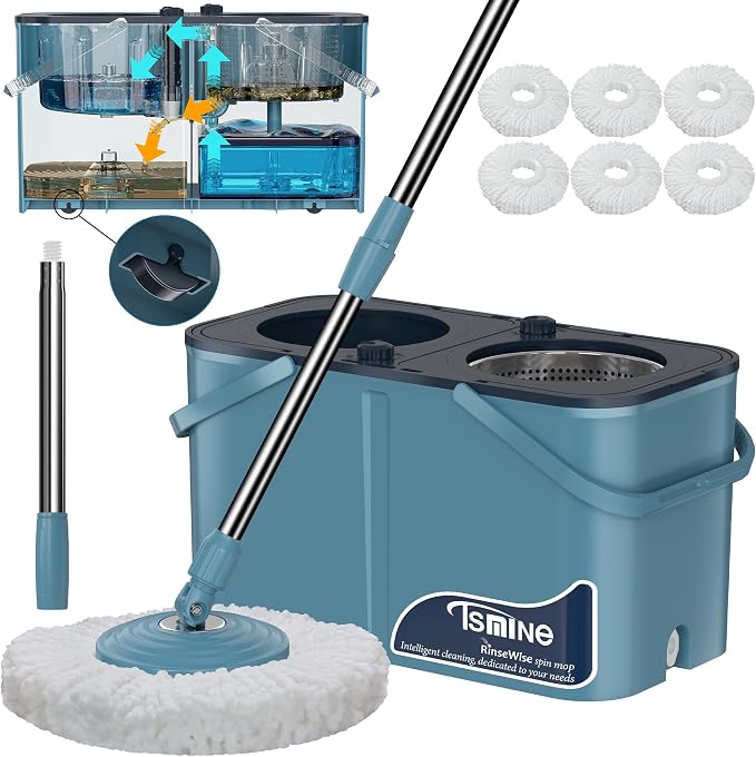RinseWise Large Gen 1 Spin Mop and Bucket with Wringer, 2 Gal Clean Water Capacity, 4-Chamber Clean & Dirty Water Separation, 4 Swivel Wheels, 61" Handle, 6 Microfiber Heads for Hardwood & Tile Floors