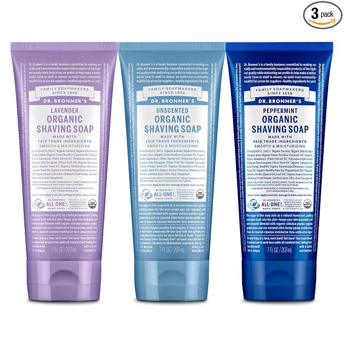 Dr. Bronner's - Organic Shaving Soap (7 oz, 3-Pack, Variety Pack) Lavender, Baby Unscented, & Peppermint - Certified Organic, Sugar & Shikakai Powder, Moisturizes, Use on Face, Underarms, & Legs