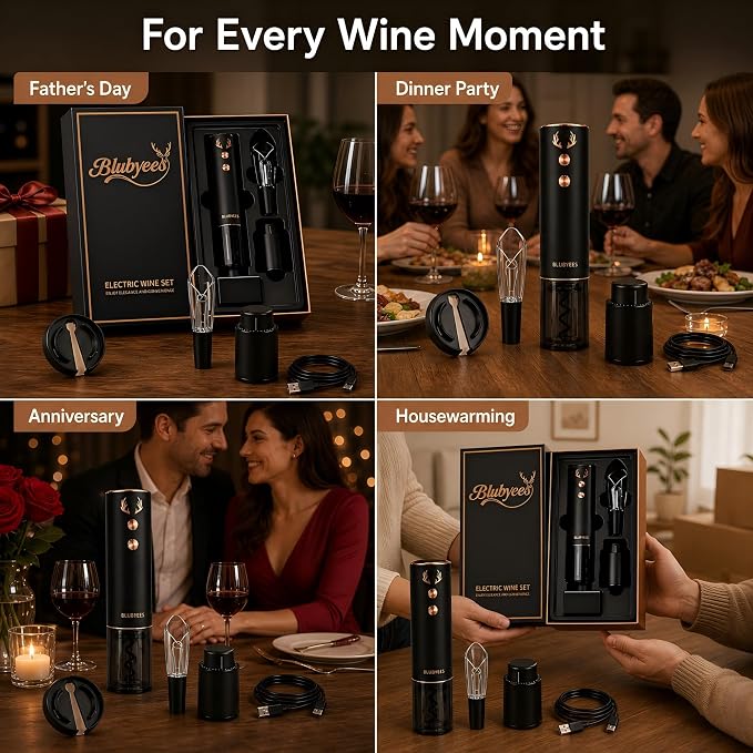 BLUBYEES 4-in-1 Electric Wine Opener Set – Rechargeable Automatic Corkscrew, Foil Cutter, Aerator & Vacuum Stopper, Wine Accessories Gift Set for Dad, Father’s Day Gifts for Men, Husband, Wine Lovers