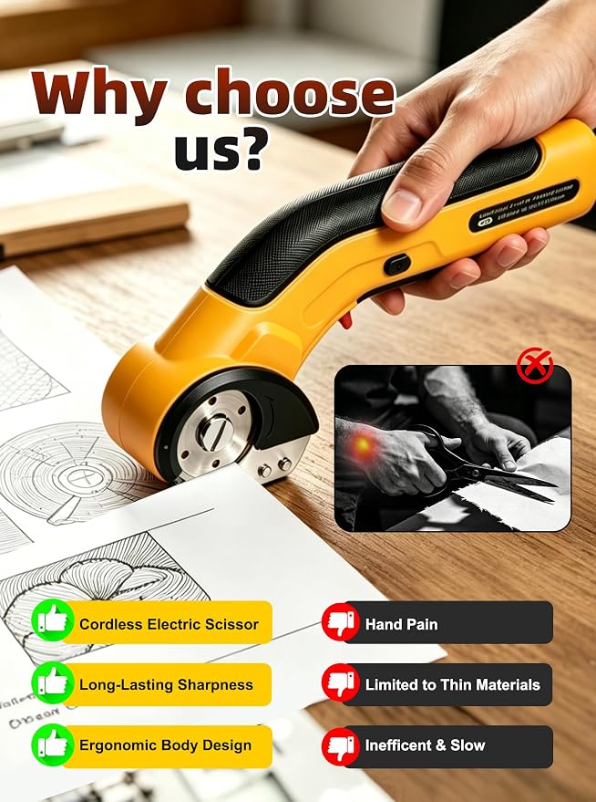Cordless Electric Scissors,Rechargeable Cardboard Cutter, 4V Upgrade Electric Box Cutter with Safety Lock & LED Light, Powerful Cutting for Cardboard Box, Plastic, Leather（Yellow）