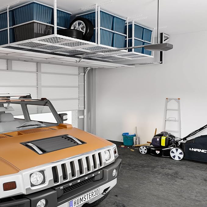 FLEXIMOUNTS 3x8 Overhead Garage Ceiling Storage Rack, 2 Pack, White | 750lbs Weight Capacity, 22"-40" Adjustable Organization System, Heavy-Duty Metal Ceiling Racks, Classic Series