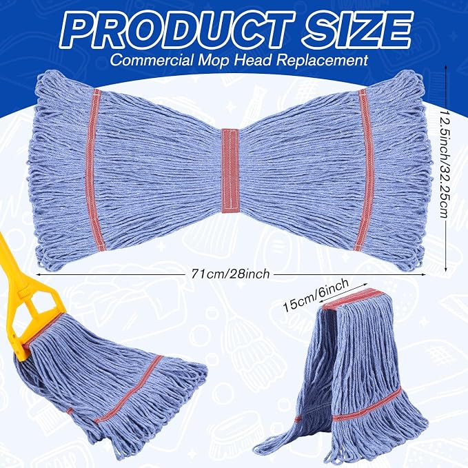 Eccliy 3 Pack Commercial Mop Heads Replacement Heavy Duty 18 oz Loop End Cotton String Wet Mop Refills Washable Absorbent Reusable for Industrial Home Tile Wood Concrete Floor (Blue,Red)