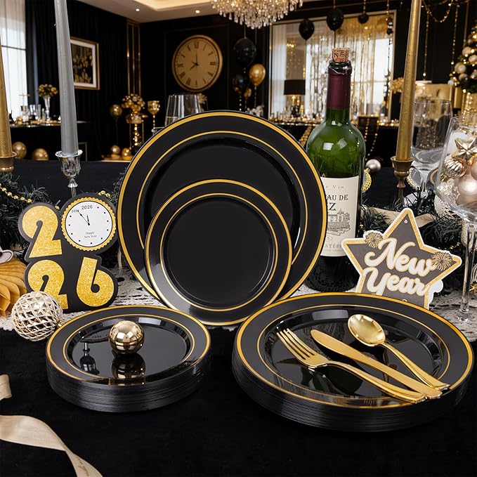 350 Pieces Black and Gold Plastic Plates with Disposable Silverware, Include 50 Dinner Plates 9”, 50 Dessert Plates 6.3”, 50 Black Cups 9 OZ, 50 Pre Rolled Napkins for Wedding/Party/Birthday/Halloween