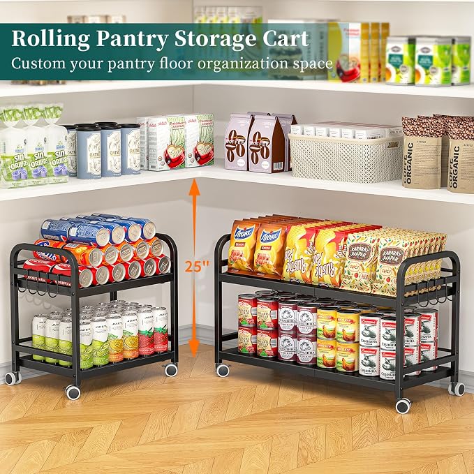 2-Tier Expandable Rolling Cart, Pantry Storage Cart with Wheels, Adjustable Rolling Pantry Floor Organizer, Metal Under Desk Cart, Can Storage & Snack Organizer for Kitchen Pantry, Black