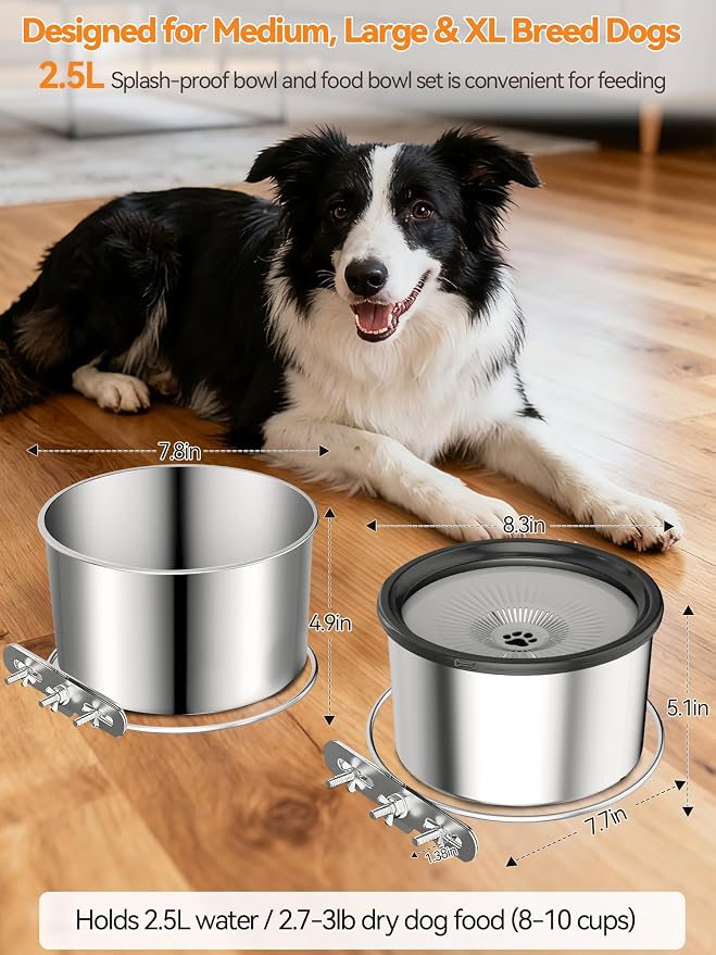 2.5L No Spill Dog Crate Bowl, 2Pcs Stainless Steel Bowls Set | Adjustable Height , Anti-Splash Water & Food Pet Bowl For Cage Kennel, Large Capacity For Medium Large Dogs