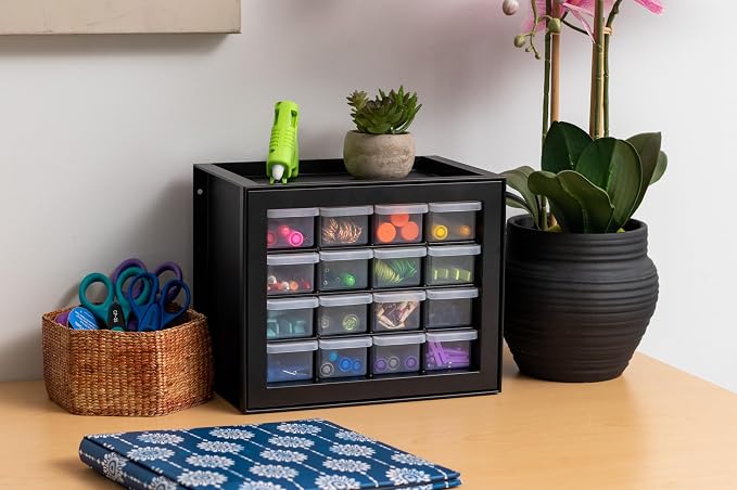 IRIS USA 16-Drawer Small Drawer Organizer, Made in USA, Stackable Teacher Toolbox For Crafts, Crayons, Beads, Building Bricks, Water Packets, Screws, Hardware, Desk & Garage Storage, Black