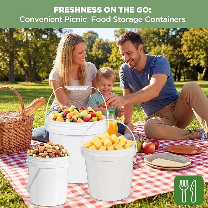 4 Pack 1.3 Gallon White Plastic Storage Buckets with Screw Lids, Food Grade Container with Measurement Markings, Reusable Small Container