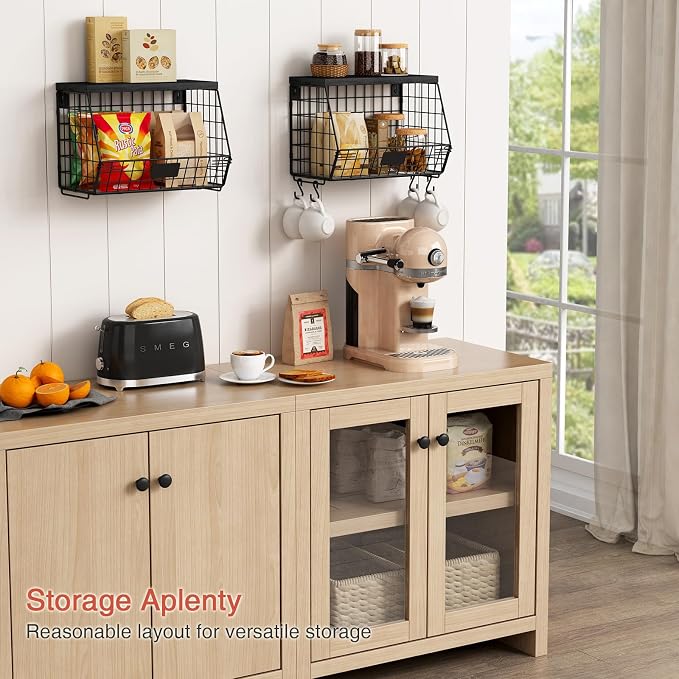 Goozii Black Kitchen Wall Hanging Storage Basket Set of 2, Rustic Stackable Kitchen Counter Fruit Organizer, Wire Baskets Container for Veggie, Garlic, Produce, Onion and Potato (Black Shelf)