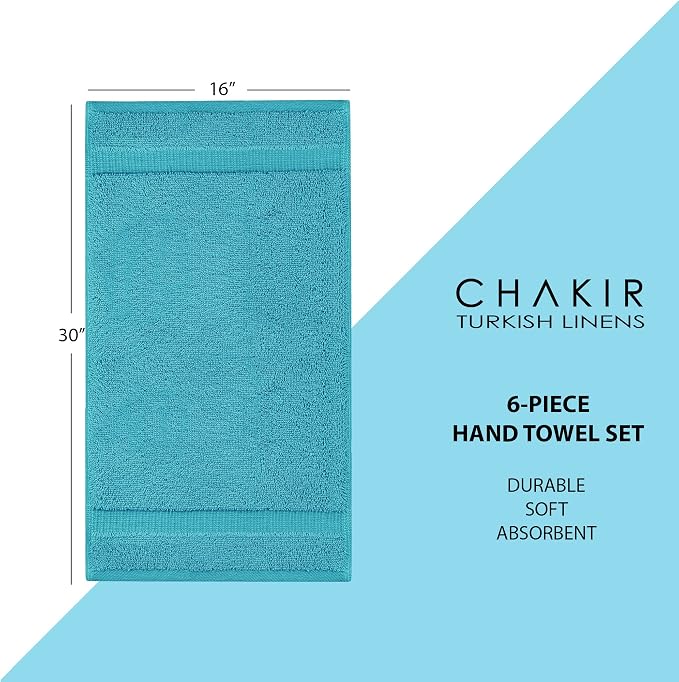 Chakir Turkish Linens 6 Piece Hand Towels, 100% Cotton Luxury Turkish Towels for Bathroom, Soft Absorbent Hand Towel Set, 16 x 30 Inches, Aqua