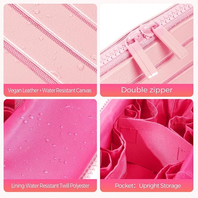 Travel Makeup Organizer Bag with Fold-Down Design and Adjustable Dividers, 27 Pockets & 3 Brush Storage Holders, Large Capacity Cosmetic Bags Toiletry Case - Pink