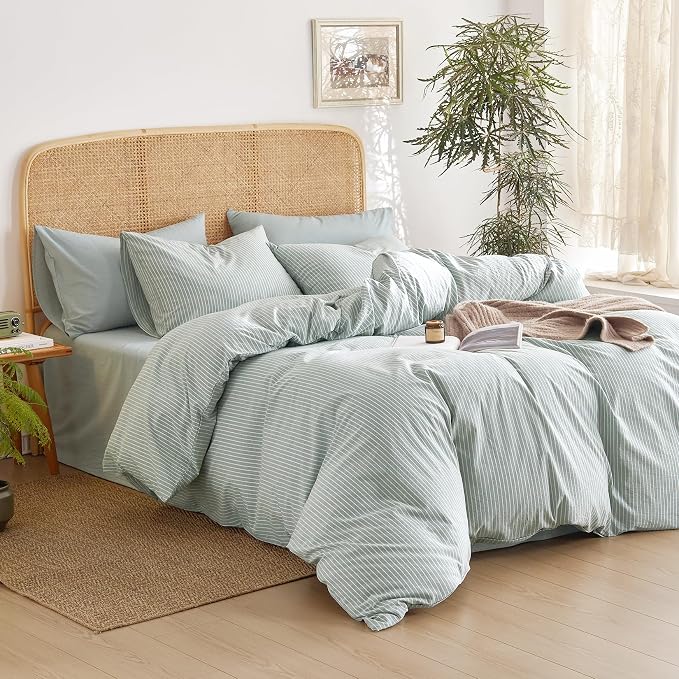 Wake In Cloud - Striped Cotton Duvet Cover Set, 100% Washed Cotton Textured Bedding Set, Ticking Stripe Pinstripe Farmhouse, 3 Pieces, Greyish Blue, Twin/Twin XL Size