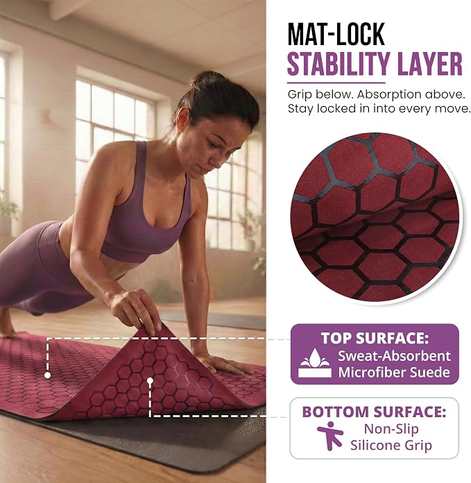 Clever Yoga Hot Yoga Mat Towel – Non-Slip Grip for Hot Yoga, Sweat Absorbent, Honeycomb Silicone Grip, Stays Flat – Ideal for Pilates, Travel, Washable & Lightweight - Burgundy