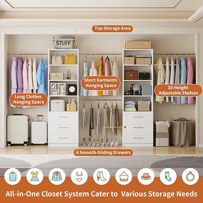 Closet System with 6 Drawers, 5-14FT Custom Closet Organizer System with 8 Expandable Hanging Rods&Adjustable Shelves, Modular Wood Closet Systems Tower for Walk in Closet Storage, 2 Sets, White