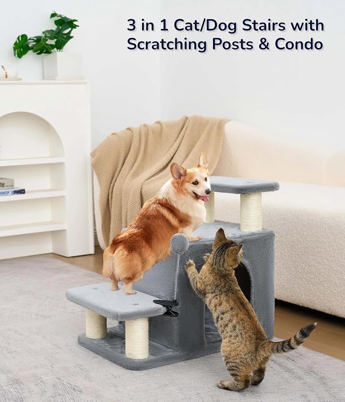 Happi N Pets Cat Stairs with Scratching Post & Large Condo, Stable Pet Steps for High Beds Couch, 3 Combinations Cat Ramp Tree Tower for Cats or Small Dogs, Removable Cushion & Bonus Toy, Gray
