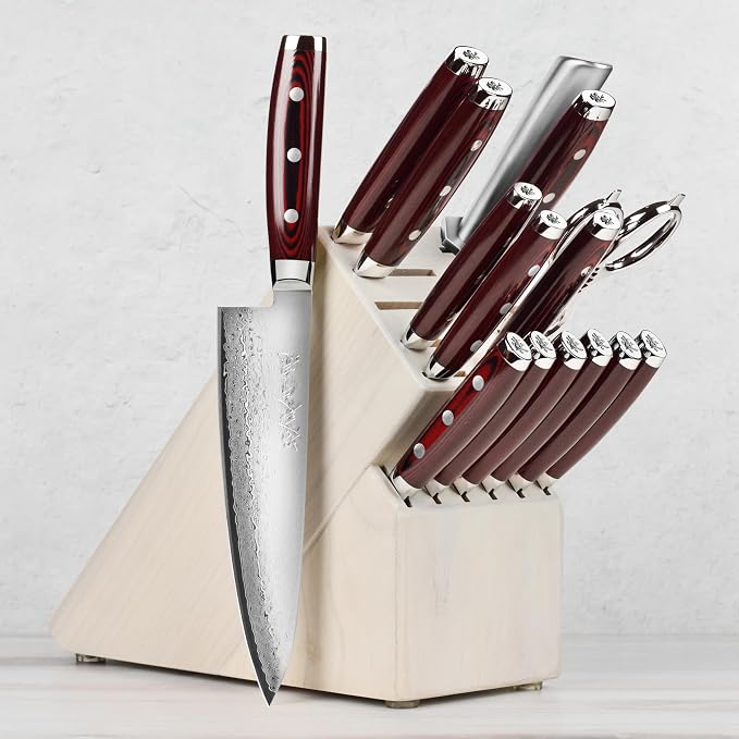 Yaxell Super Gou 16 Piece Knife Set - Made in Japan - 161 Layers SG2 Stainless Damascus, Gray Ash Block