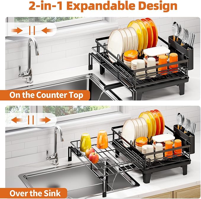 Urackify Expandable Sink Dish Drying Rack for Kitchen Counter, 1-Tier Black | Large Dish Racks, Sink Dish Drainer, Rustproof Dish Strainer with Utensil Holder, 12.3"-20.5" L x 15"W