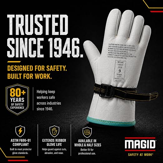MAGID PowerMaster 12501PS Leather Linesmen Protector Gloves, 3 Pairs, 9.5” Length, Size 11/2XL