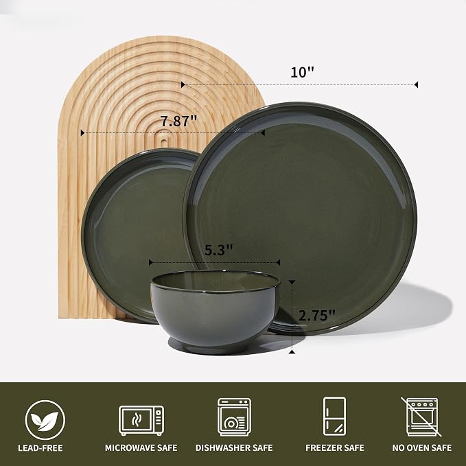 Pokini 18 Piece Dinnerware Set for 6, Reactive Glaze Terracotta Plates and Bowls Set, Large Family-Sized Stoneware Dish Set for Gatherings, Chip and Scratch Resistant, Blackish Green