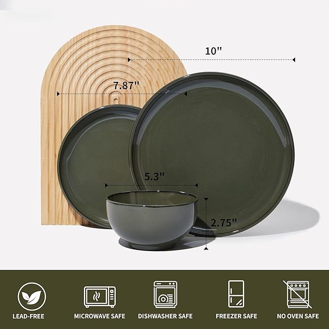Pokini 24 Piece Dinnerware Set for 8, Santorini Mist Terracotta Plates and Bowls Sets, Complete Stoneware Dish Set for Large Families and Entertaining, Microwave & Dishwasher Safe, Blackish Green