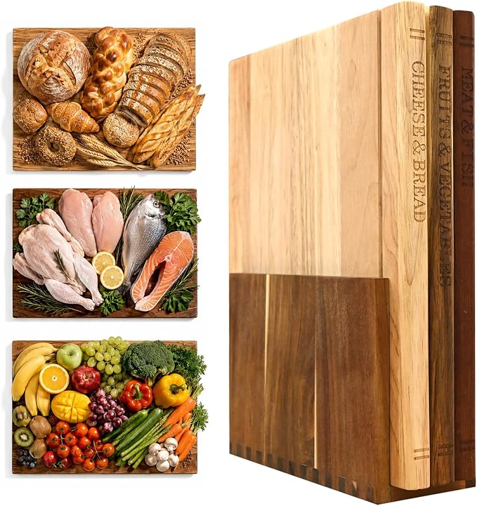 Book Cutting Board Set with Wooden Stand,Wooden Cutting Boards for Kitchen | 3PCS Look Like Books for Vegetables Cheese Meat,Board Gift Set for Book Lovers & Home Cooks Stylish & Practical