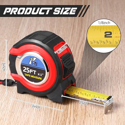 Youyole 10 Pack Tape Measure with Fractions 1/8 Steel Measuring Tape Retractable Easy Read Measurement Ruler Steel Power Blade (25 ft X 1 in,Red)