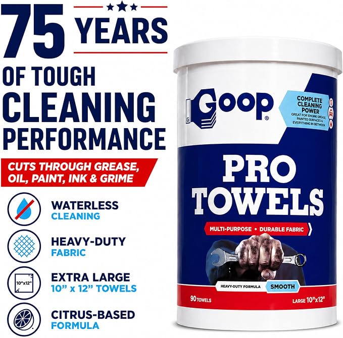 GOOP Pro Towels Heavy-Duty Multi-Surface Cleaning Wipes – Removes Engine Grease, Grime & Paint – Safe for Tools, Machinery & Painted Surfaces – 90 Extra Large 10" x 12" Towels (Pack of 6)