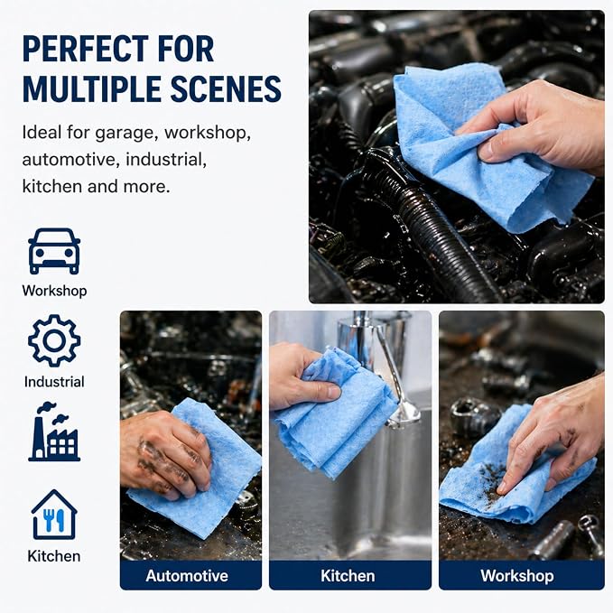 4 Rolls Industrial Cleaning Wipes Jumbo Roll, Heavy Duty Lint Free Shop Towels, Super Absorbent Reusable Cleaning Cloths for Garage Workshop Automotive, 500 Sheets 12"x 10" (Blue, 10"X12")
