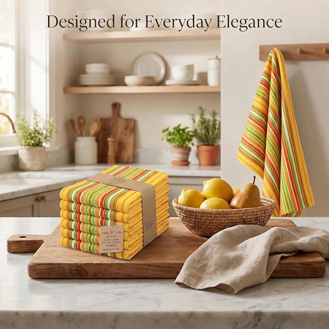 Urban Villa Kitchen Towels Waffle Stripes Dish Towels for Kitchen Mustard Color Set of 6 Kitchen Towels Highly Absorbent 100% Cotton Over Sized 20X30 in with Mitered Corners Kitchen Hand Tea Towels