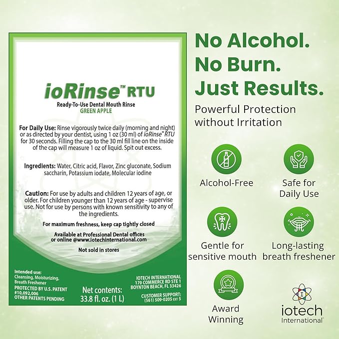 ioRinse Ready-to-Use (RTU) Mouthwash for Fresher Breath, Halitosis Relief, Alcohol-Free, Fluoride-Free and a Professional Clean, Original ioRinse RTU Mouth Wash, Zero Alcohol - Green Apple Flavor, 1L