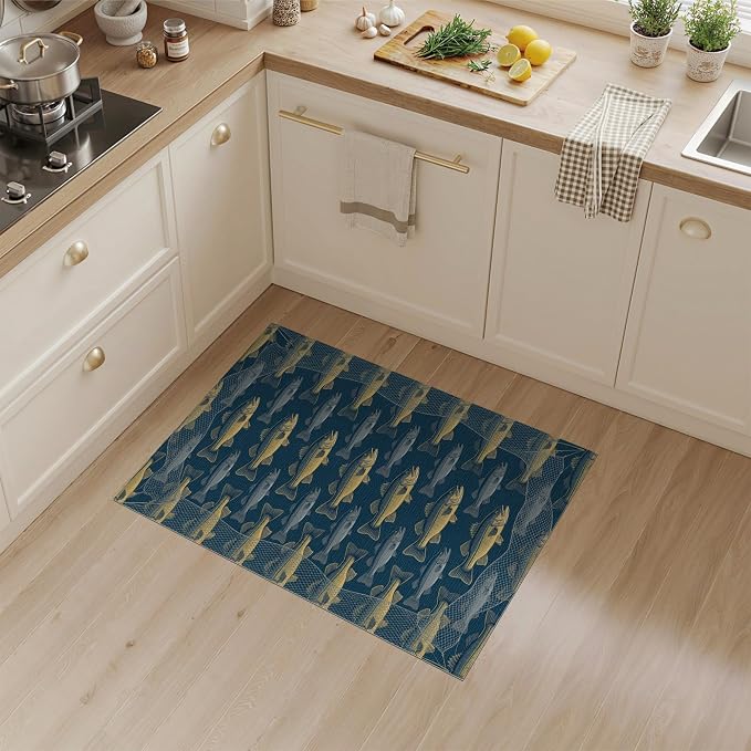 3'x5' Washable Area Rug Bass Repeating Lure Net Border Tackle Motif Angler Fish Fishing Refined Stain Resistant Flatwoven for Entryway, Kitchen, Mudroom