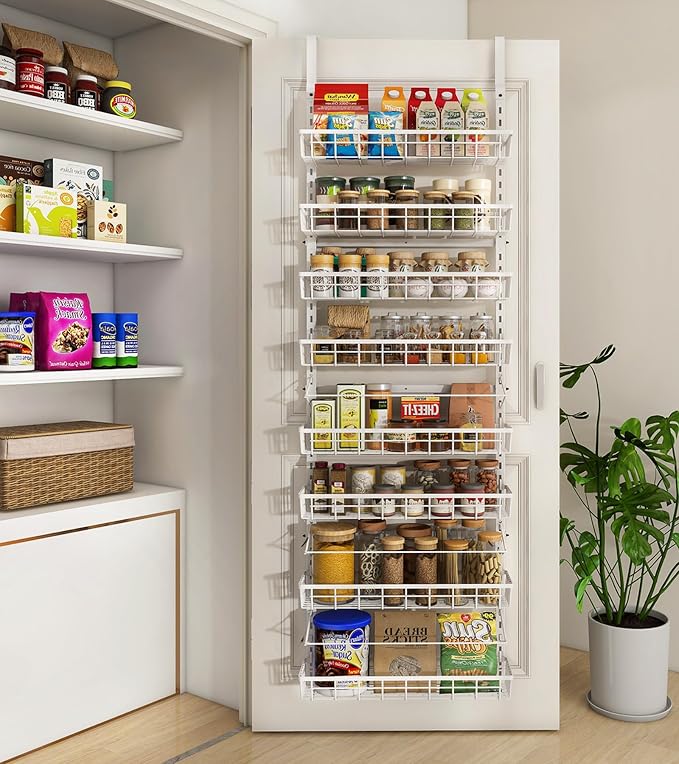 Mefirt Over The Door Pantry Organizer, Wall Mount Spice Rack, Pantry Hanging Storage and Organization, 8 Adjustable Baskets Heavy-Duty Metal for Home & Kitchen, Back of Door Seasoning Rack - White