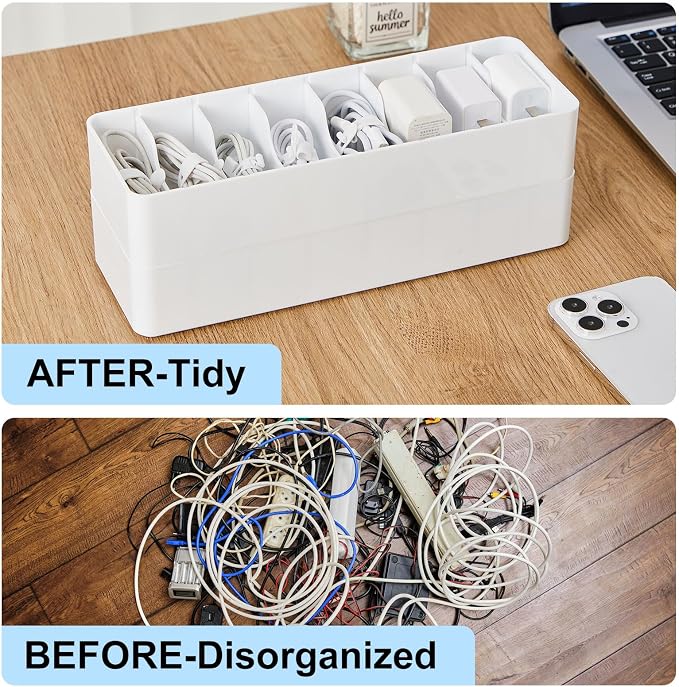 Tatuo 2 Pcs Cable Organizer with 20 Wire Ties, Plastic Cord Storage Charger Electronics Box with Adjustment Compartments for Drawer Home Office Desk Accessories (White)