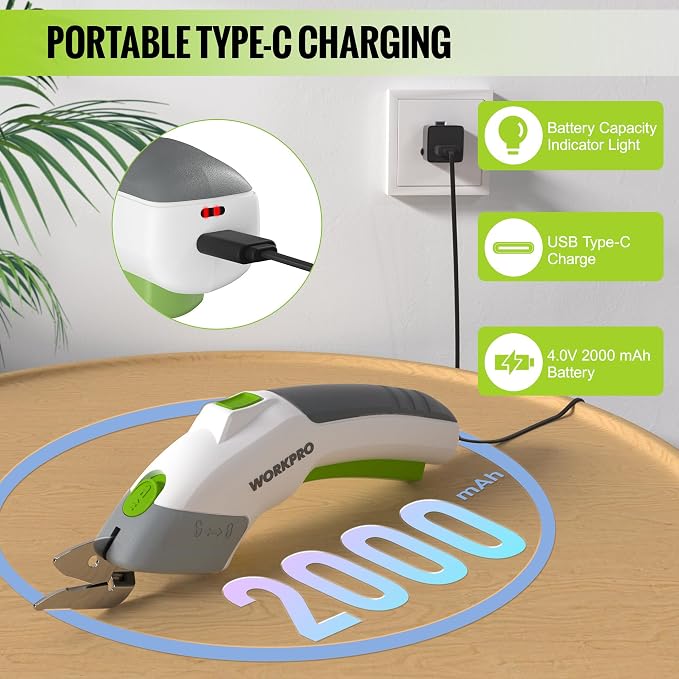WORKPRO Cordless Electric Scissors with 2 Blades, 4V Rechargeable Powerful Shears Cutting Tool for Fabric, Leather, Carpet and Cardboard, Power Shears for Sewing, Scrapbooking, Crafting