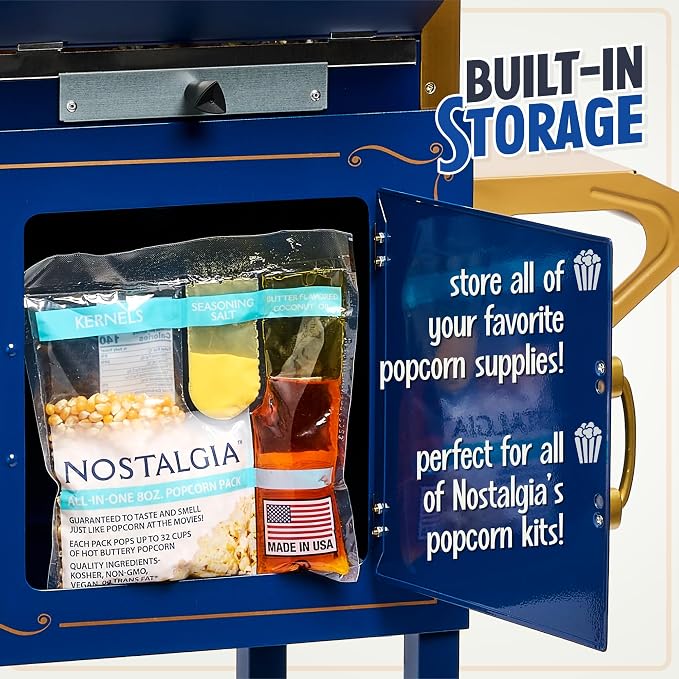 Nostalgia Popcorn Maker Machine - Professional Cart With 8 Oz Kettle Makes Up to 32 Cups - Vintage Popcorn Machine Movie Theater Style - Popcorn Stand Cart With Wheels - Navy/Gold