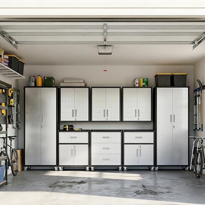 Garage Cabinet System | Heavy Duty Steel All-in-One Modular Garage Cabinet Set for Ultimate Workshop Organization | Easy Assembly Garage Storage Cabinets & Tool Bench